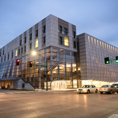 The exterior of the beautiful Voxman Music Building, which features a 700-seat concert hall, a 200-seat recital hall, and a 75-seat organ hall.